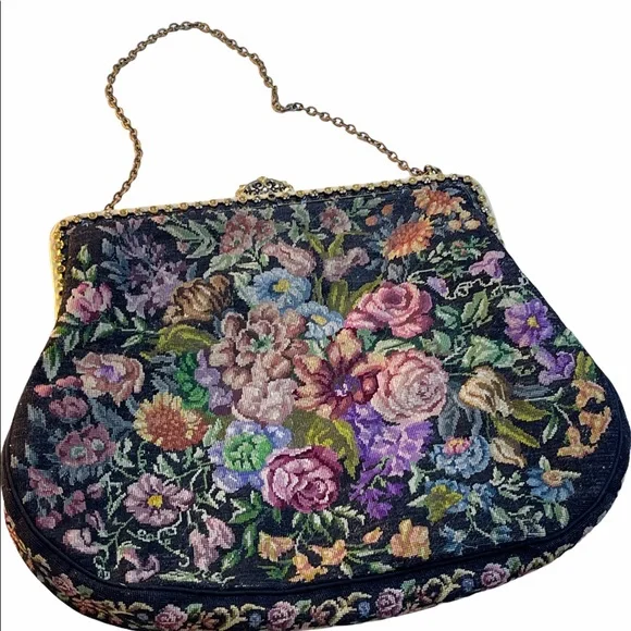 Victorian Handmade petite point Purse flowers Antique needlepoint - Picture 4 of 9